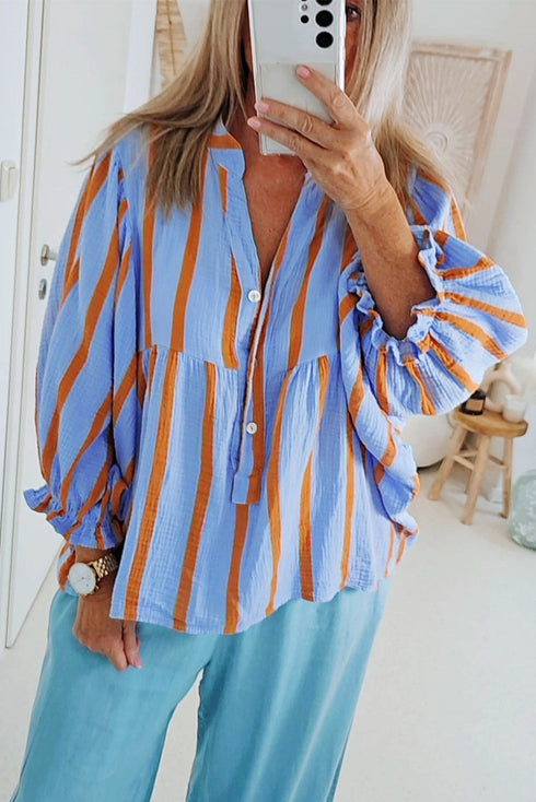 Stripe Crinckled Ruffled Sleeve Button up Loose Shirt